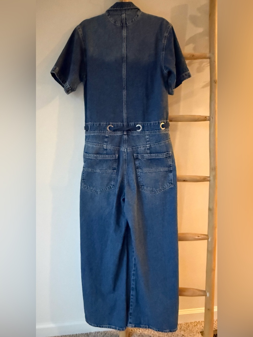 Free People We The Free Edison Wide Leg Coverall Boho Cape Blue Jumpsuit M NWOT - Picture 11 of 13